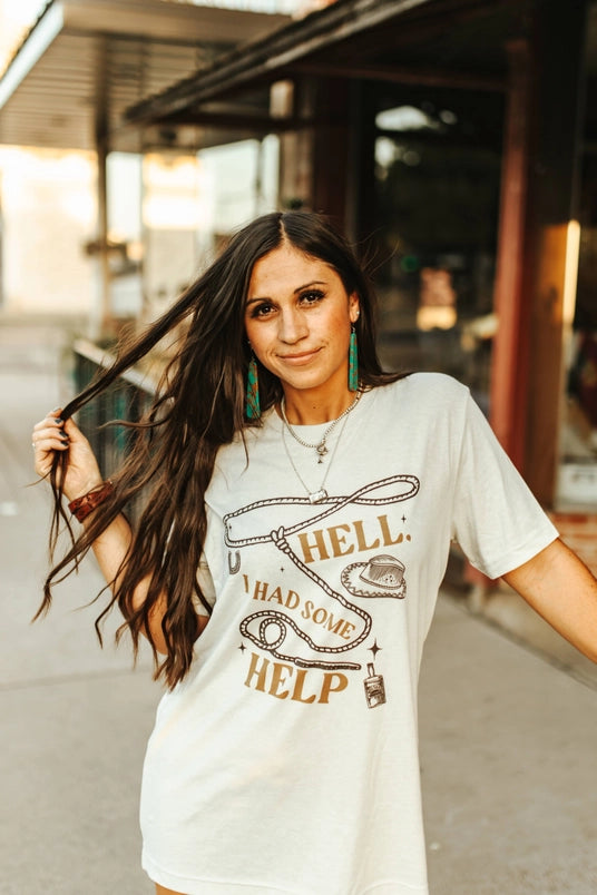 Women's "Hell I Had Some Help" Graphic Tee in Cement