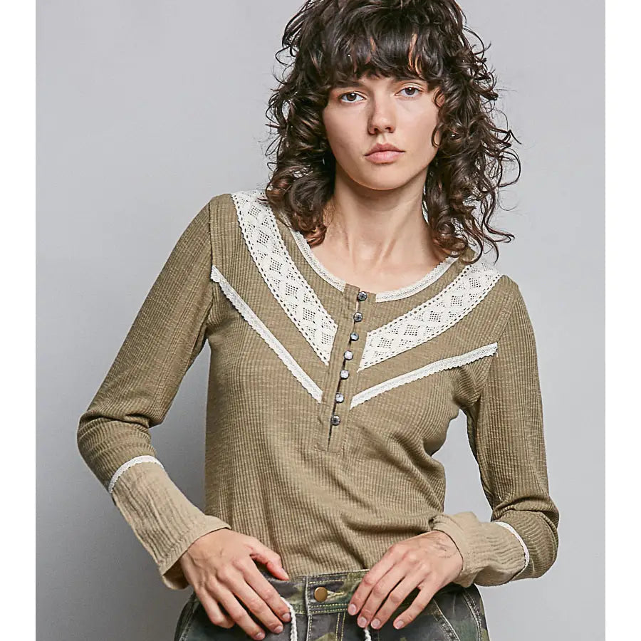 Women's Long Sleeve V-Neck Mixed Media Top in Olive