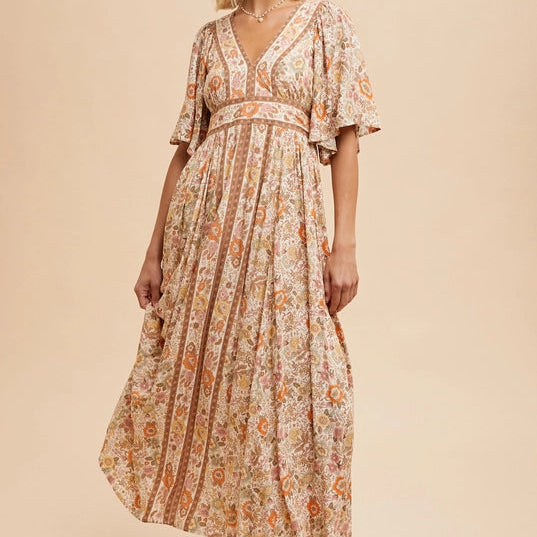 Women's Flutter Sleeve Border Floral Maxi Dress in Vintage Cream