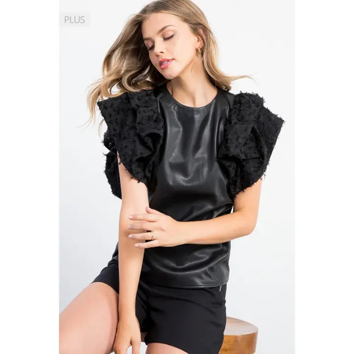 Women's S/S Pleather Flutter Sleeve Top in Black