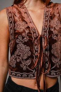 Women's Sleeveless Embroidered Velvet Cropped Vest in Brown