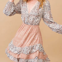 Women's L/S Multi-Print Mini Dress in Off White & Dusty Rose