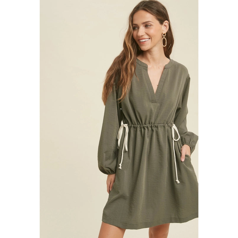 Women's L/S Casual Drawstring Waisted Mini Dress in Olive Green