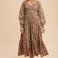 Women's Long Blouse Sleeve Floral Maxi Dress in Dusty Olive