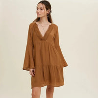 Women's Solid Long Bell Sleeve Tiered Mini Dress in Golden Brown