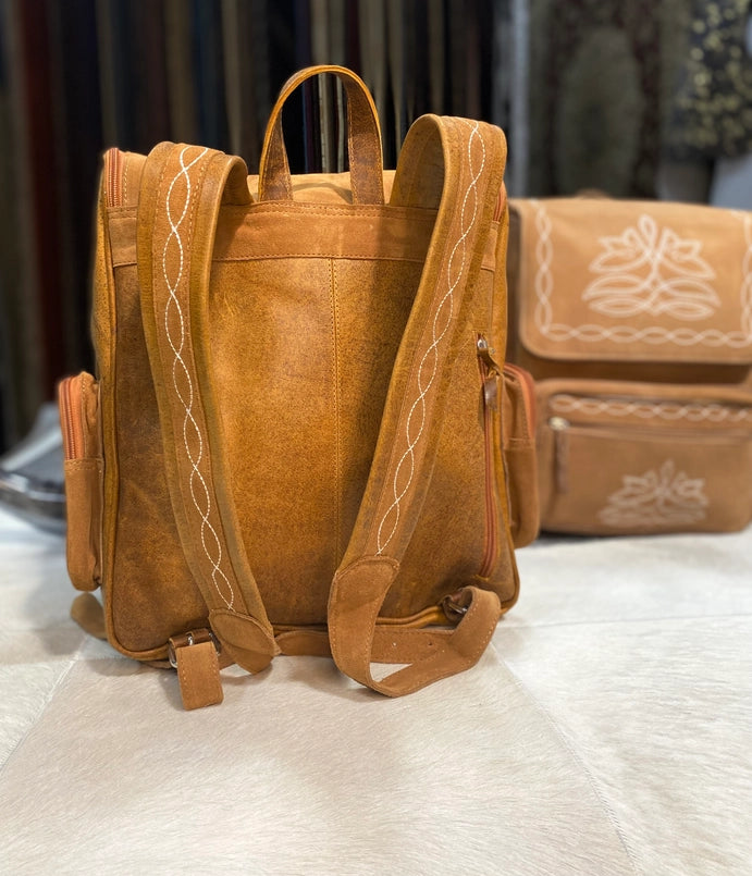 Vintage Tan Suede Leather Boot Stitch Backpack