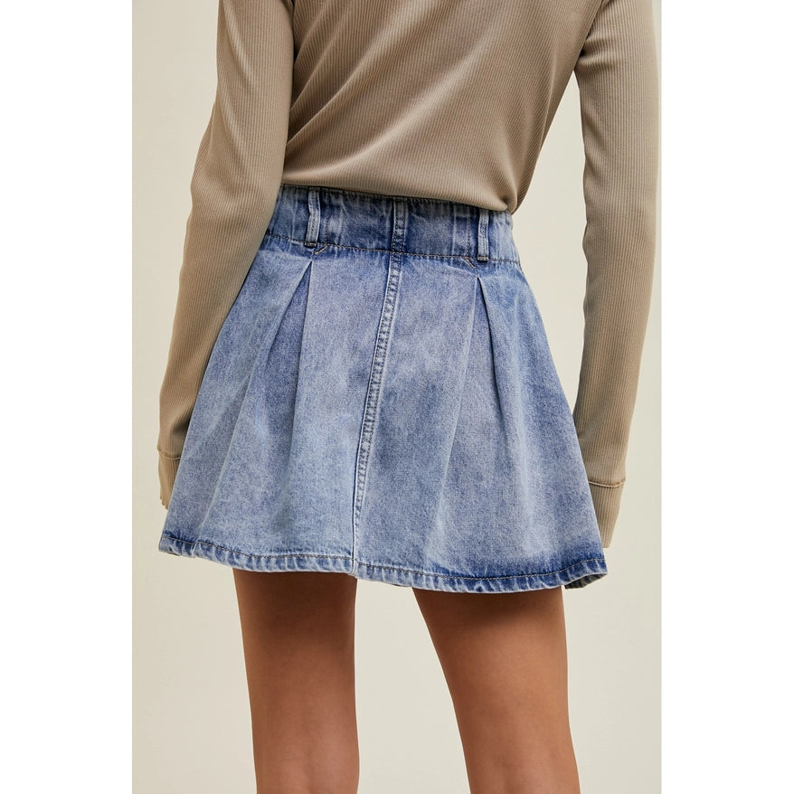 Women's Pleated Denim Mini Skort in Medium Wash