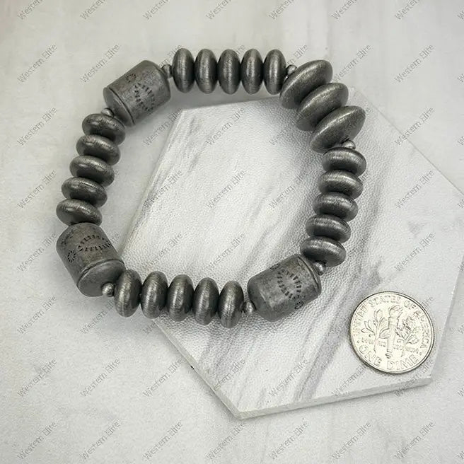 Silver Navajo Inspired Rondelle & Barrel Bead Stretch Bracelet
