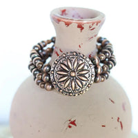 3 Strand Navajo Inspired Pearl with Round Concho Stretch Bracelet (Available in Two Finishes)