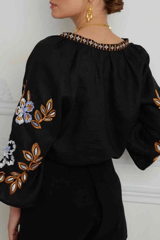 Women's Boho Floral Embroidered V-Neck Blouse in Black