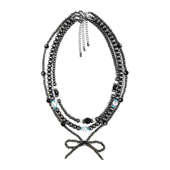 Set of 3 Navajo Inspired Pearl Necklaces with Turquoise, Dice, & Eight Ball Accent Beads