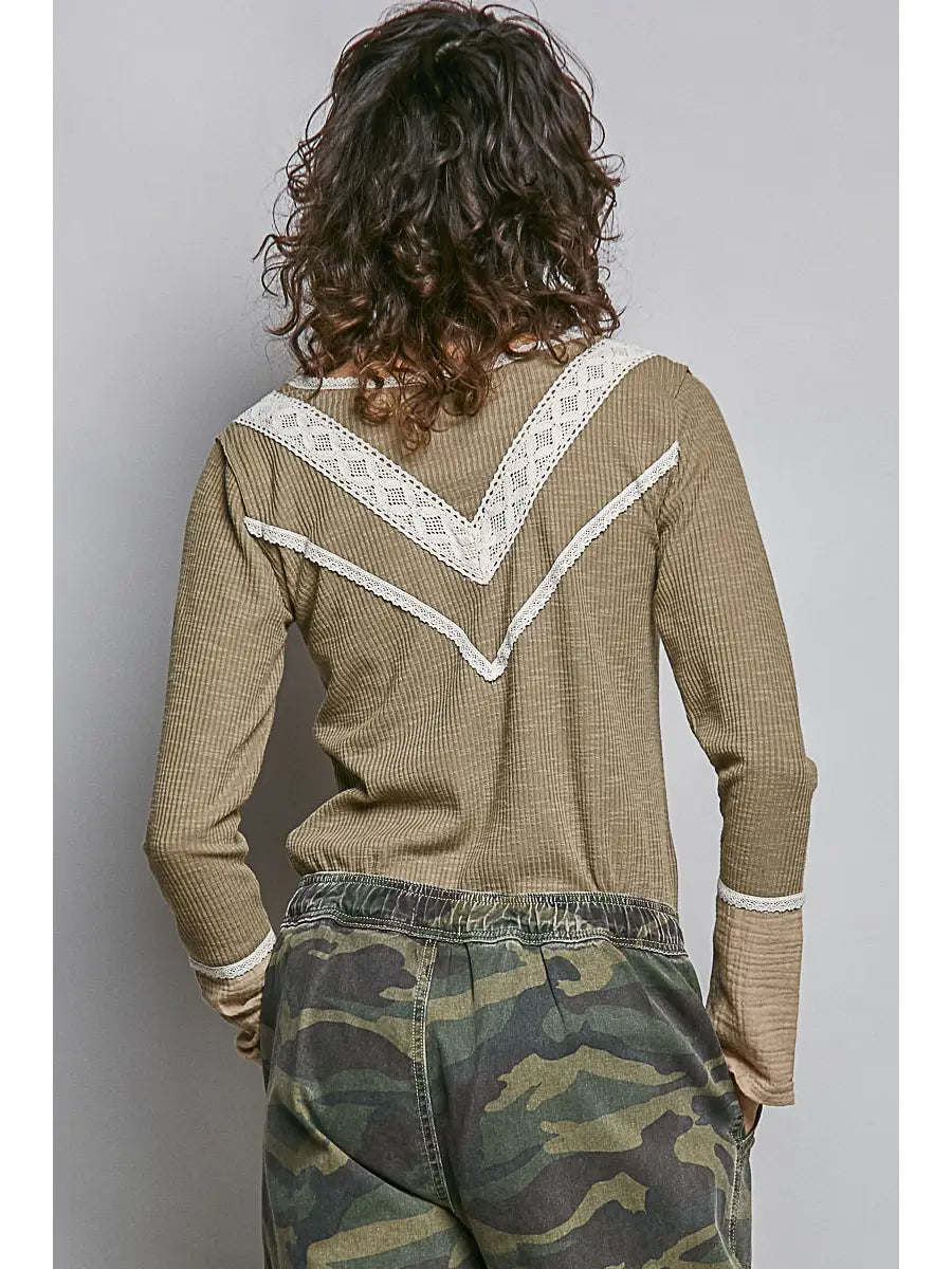 Women's Long Sleeve V-Neck Mixed Media Top in Olive