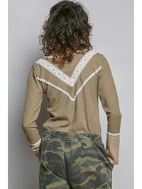 Women's Long Sleeve V-Neck Mixed Media Top in Olive