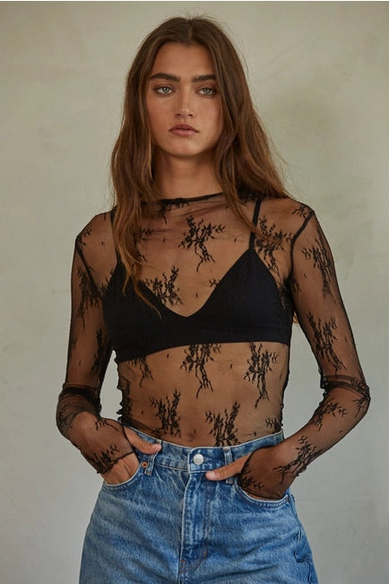 Women's L/S Sheer Floral Lace Mock Neck Mesh Top (Available in 4 Colors)
