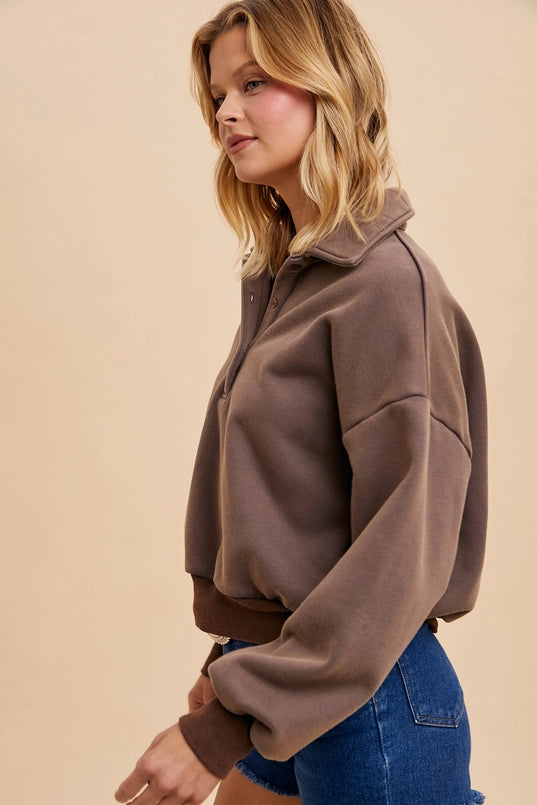 Women's Quarter Button Collared Solid Cropped Sweatshirt in Dusted Mocha