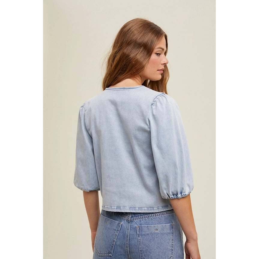 Women's Tie Front Denim Top in Light Wash