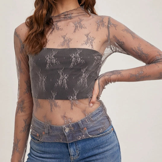 Women's L/S Sheer Floral Lace Mesh Top (Available in Mauve or Hazelnut)