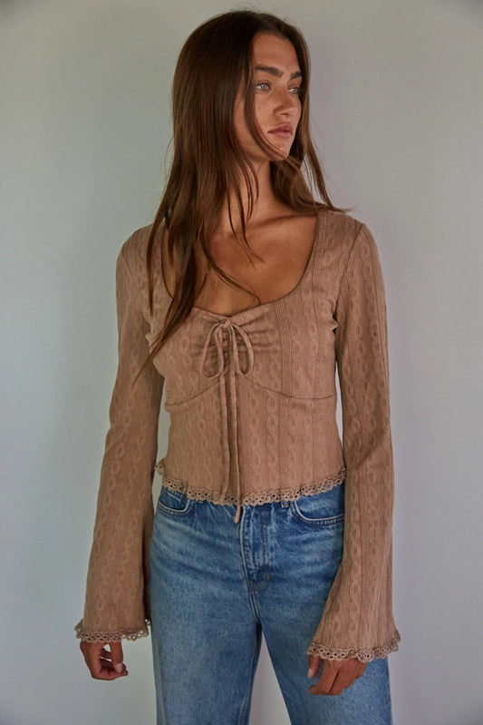 Women's Cropped Cable Textured Peasant Blouse in Dusty Rose