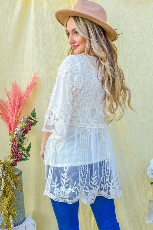 Women's Lined Floral Mesh Tunic Top in Off-White