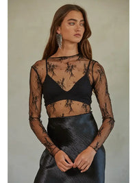 Women's L/S Sheer Floral Lace Mock Neck Mesh Top (Available in 4 Colors)