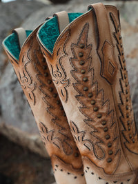 Corral Women's Embroidery Overlay and Stud Wing Tip Snip Toe Boot in Sand