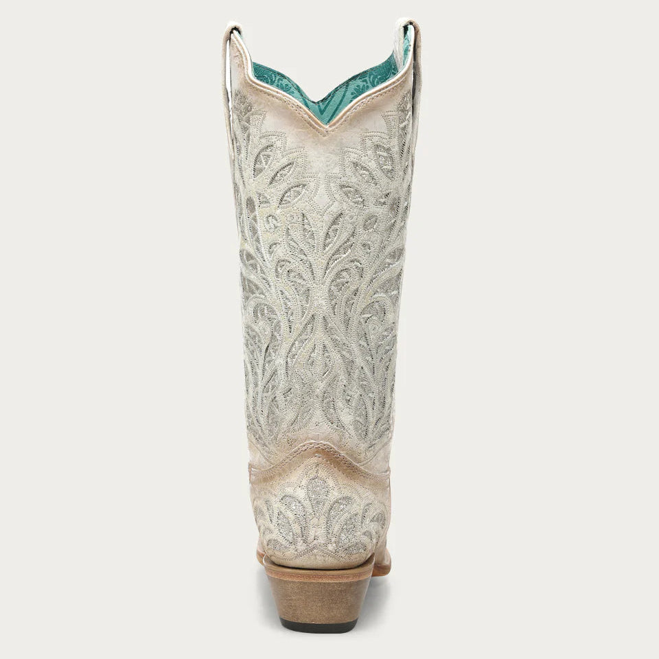 Corral Women's White Glitter Inlay and Embroidery Snip Toe Boot