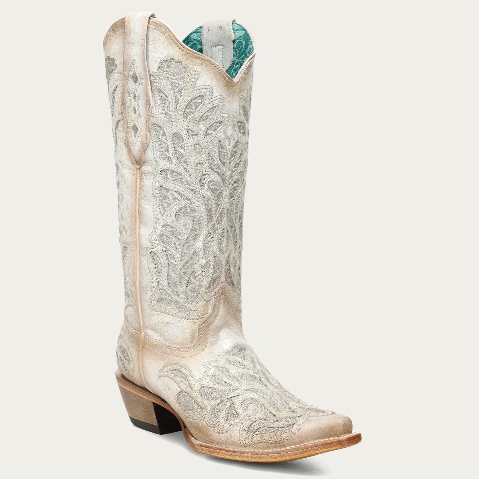 Corral Women's White Glitter Inlay and Embroidery Snip Toe Boot