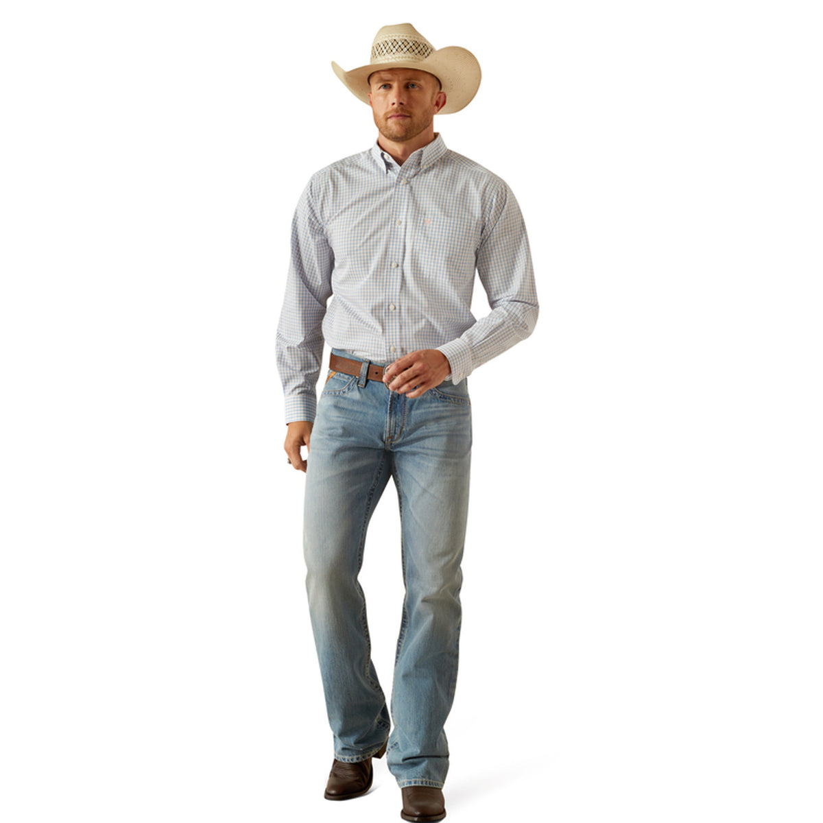 Ariat Men's Wrinkle Free L/S Classic Fit Alan Western Button Down Shirt in Blue Checkered Plaid