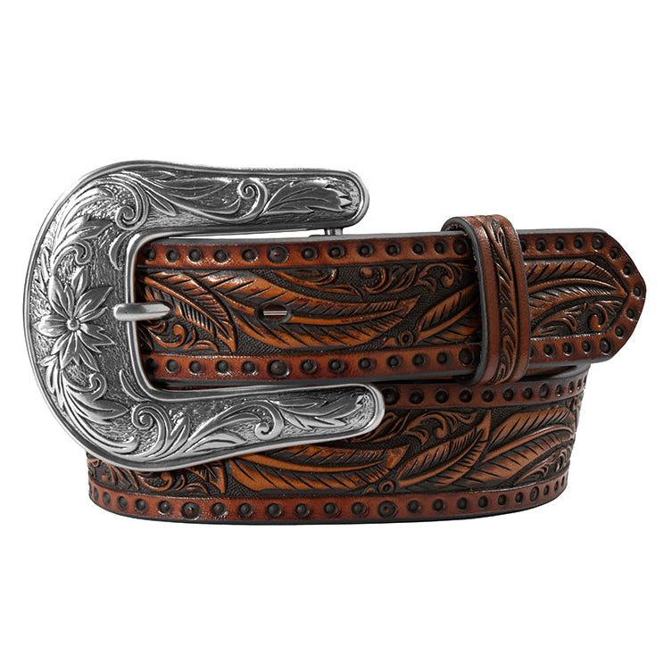 Angel Ranch Girls Feather Embossed Brown Leather Belt