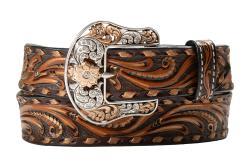 Angel Ranch Women's Scroll Tooled Belt with Crystal Buckle
