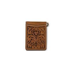 Ariat Men's Leather Bifold Embossed Money Clip in Brown