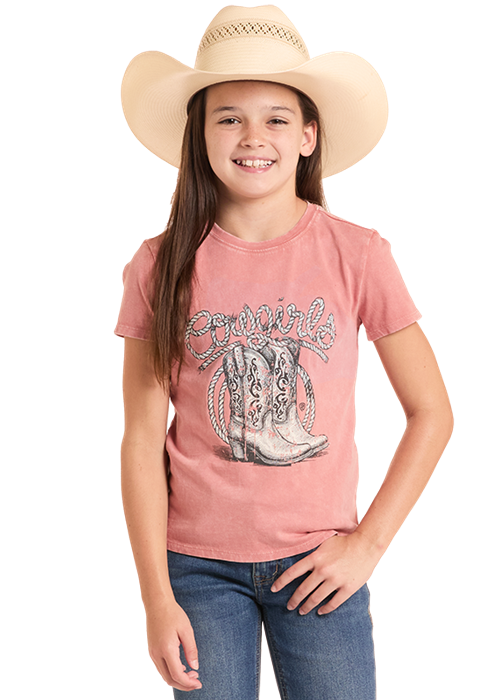Rock & Roll Denim Girl's S/S Roping Cowgirl Graphic Tee in Rose