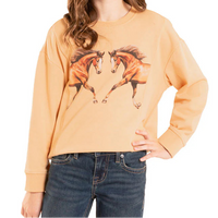 Rock & Roll Denim Girl's Horse Graphic Crewneck Sweatshirt in Tan