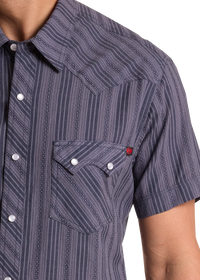 Rock & Roll Denim Men's S/S Koe Wetzel Dobby Striped Snap Shirt in Indigo