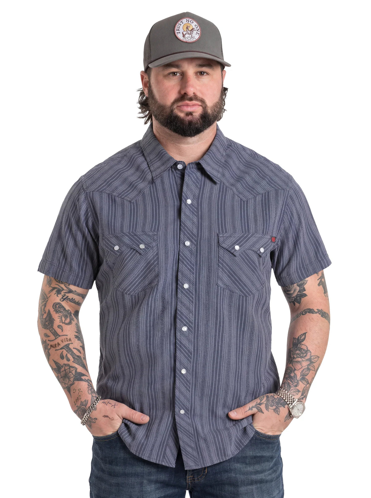 Rock & Roll Denim Men's S/S Koe Wetzel Dobby Striped Snap Shirt in Indigo