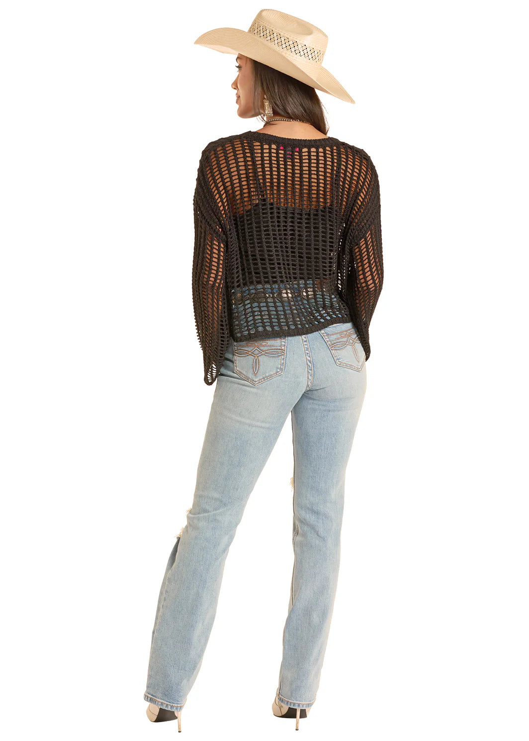 Women's Rock & Roll Denim Open Knit Sweater in Black