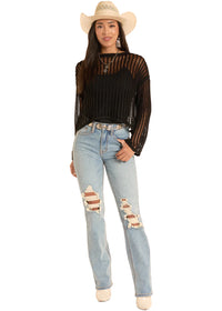 Women's Rock & Roll Denim Open Knit Sweater in Black