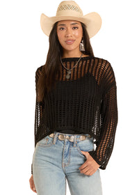 Women's Rock & Roll Denim Open Knit Sweater in Black