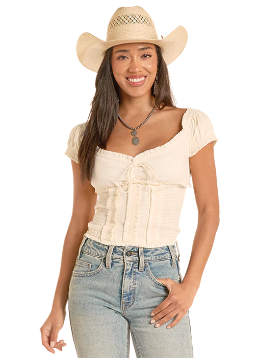 Rock & Roll Denim Women's Smocked Tie Top in Natural