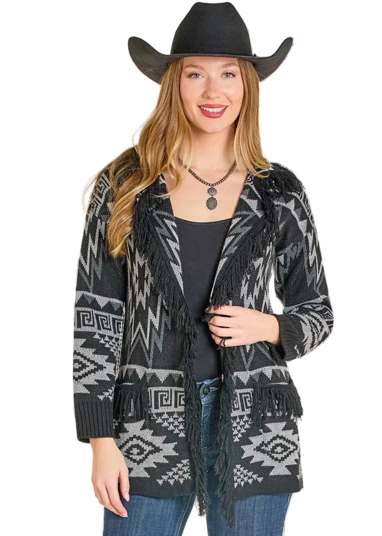Rock & Roll Denim by Panhandle Slim Women's Fringe Aztec Cardigan Sweater in Black