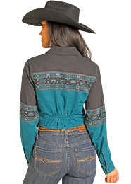 Rock & Roll Denim by Panhandle Slim Women's Retro Aztec Border and Fringe Snap Shirt in Peacock
