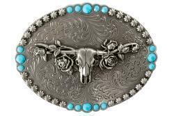 Blazin Roxx Silver Longhorn With Roses Belt Buckle