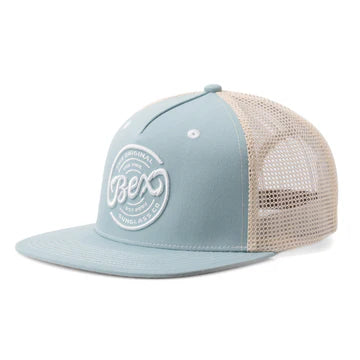 BEX Bolt Flat Bill Trucker Hat in Sky/Tan
