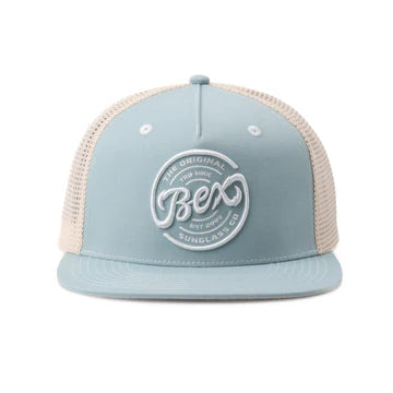 BEX Bolt Flat Bill Trucker Hat in Sky/Tan