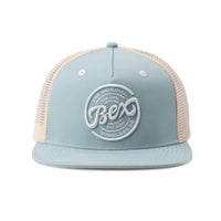 BEX Bolt Flat Bill Trucker Hat in Sky/Tan