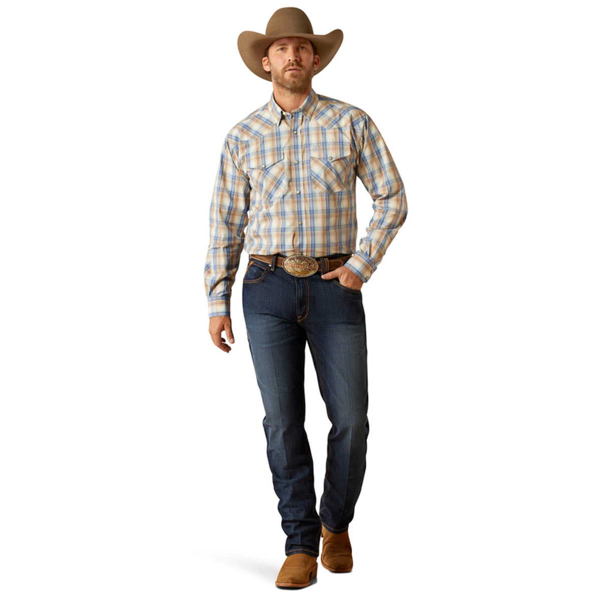 Ariat Men's Pro Series Clint L/S Classic Fit Western Snap Shirt in Khaki Blue Plaid