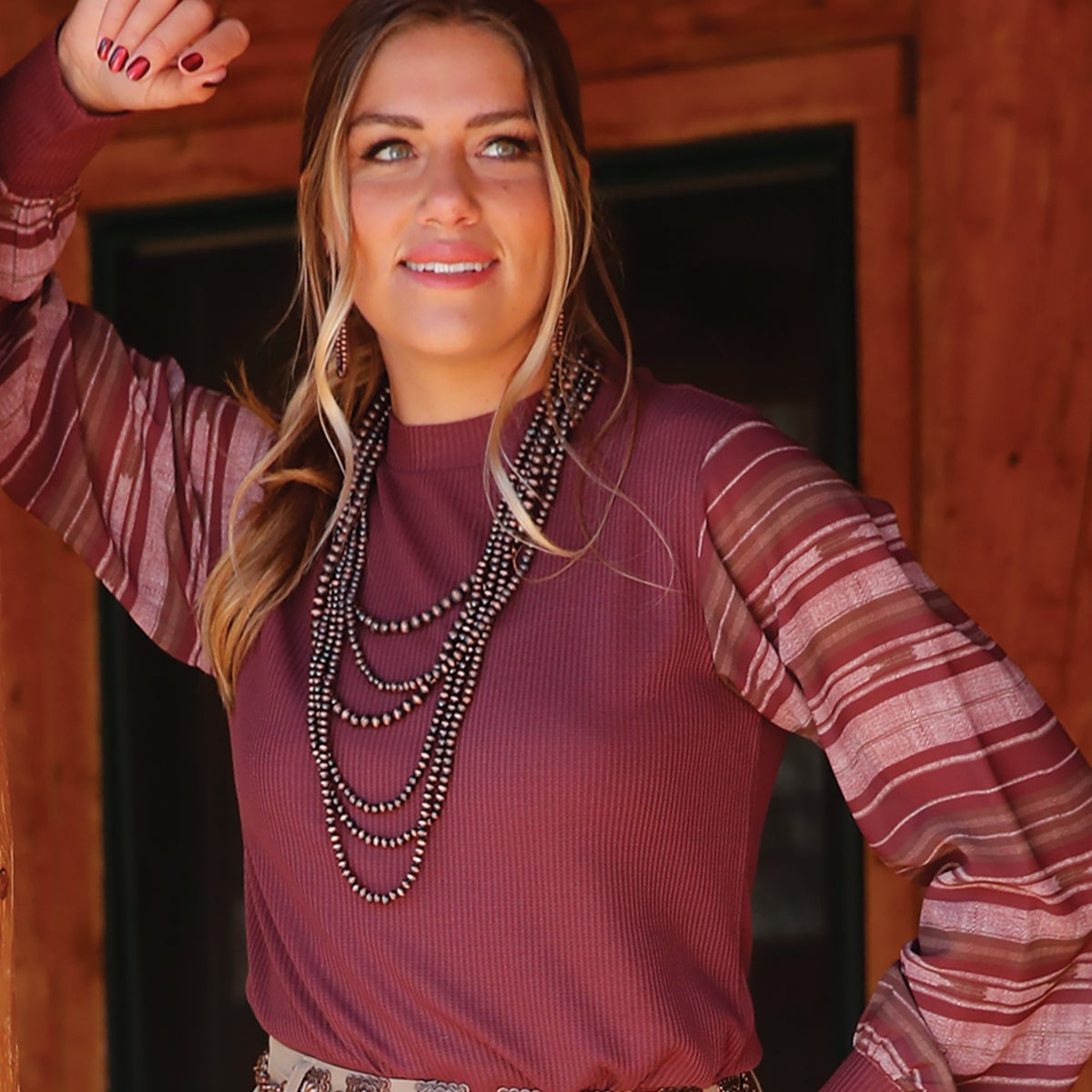 Cruel Women's Long Sleeve Waffle Knit Top in Burgundy