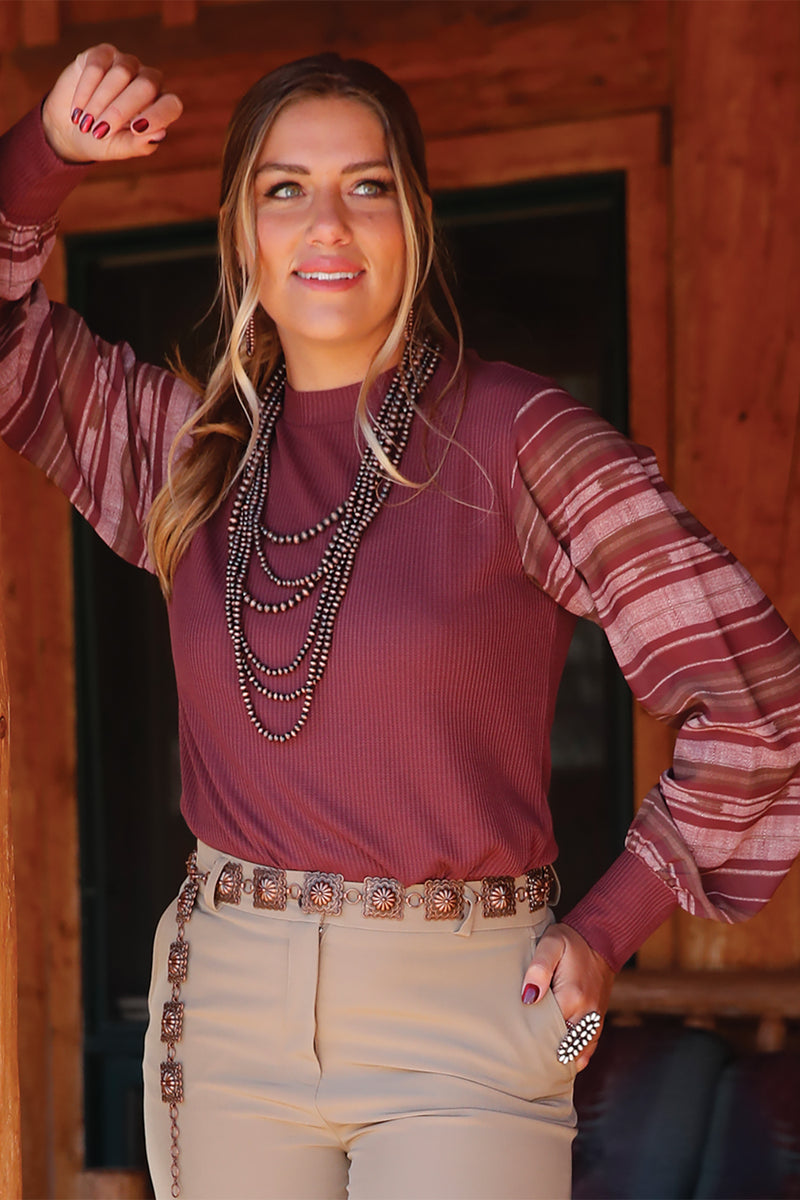 Cruel Women's Long Sleeve Waffle Knit Top in Burgundy
