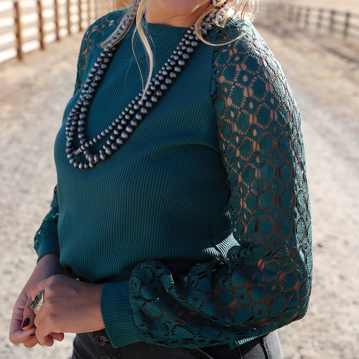 Cruel Women's L/S Waffle Knit Blouse in Forest Green