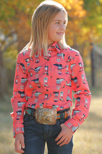 Cruel Girl's L/S Boot Print Western Snap Shirt in Coral